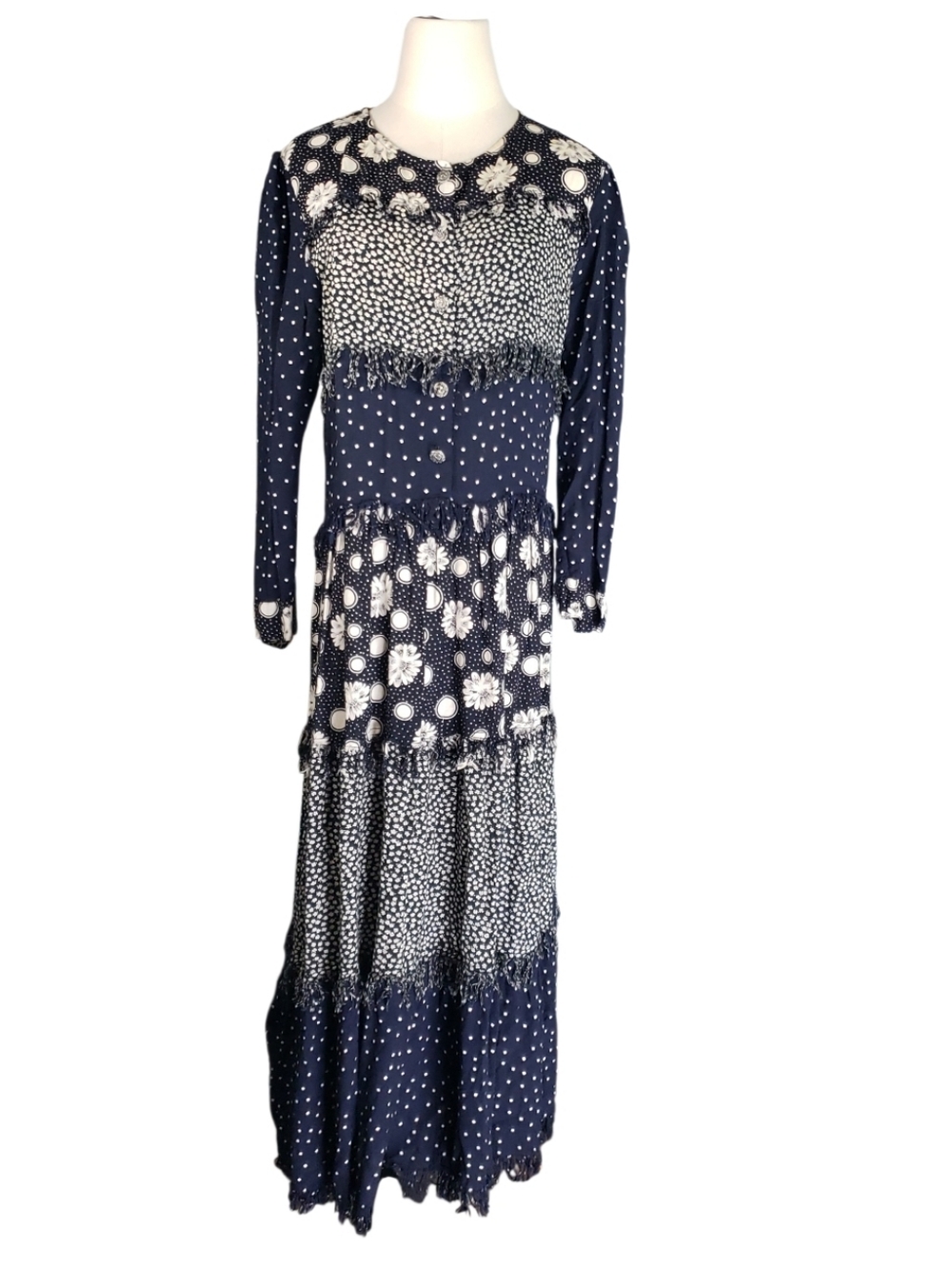 Vtg Passports Of Pier One Frayed Tiered Mixed Prnt Ditsy Polkadot L Maxi Dress